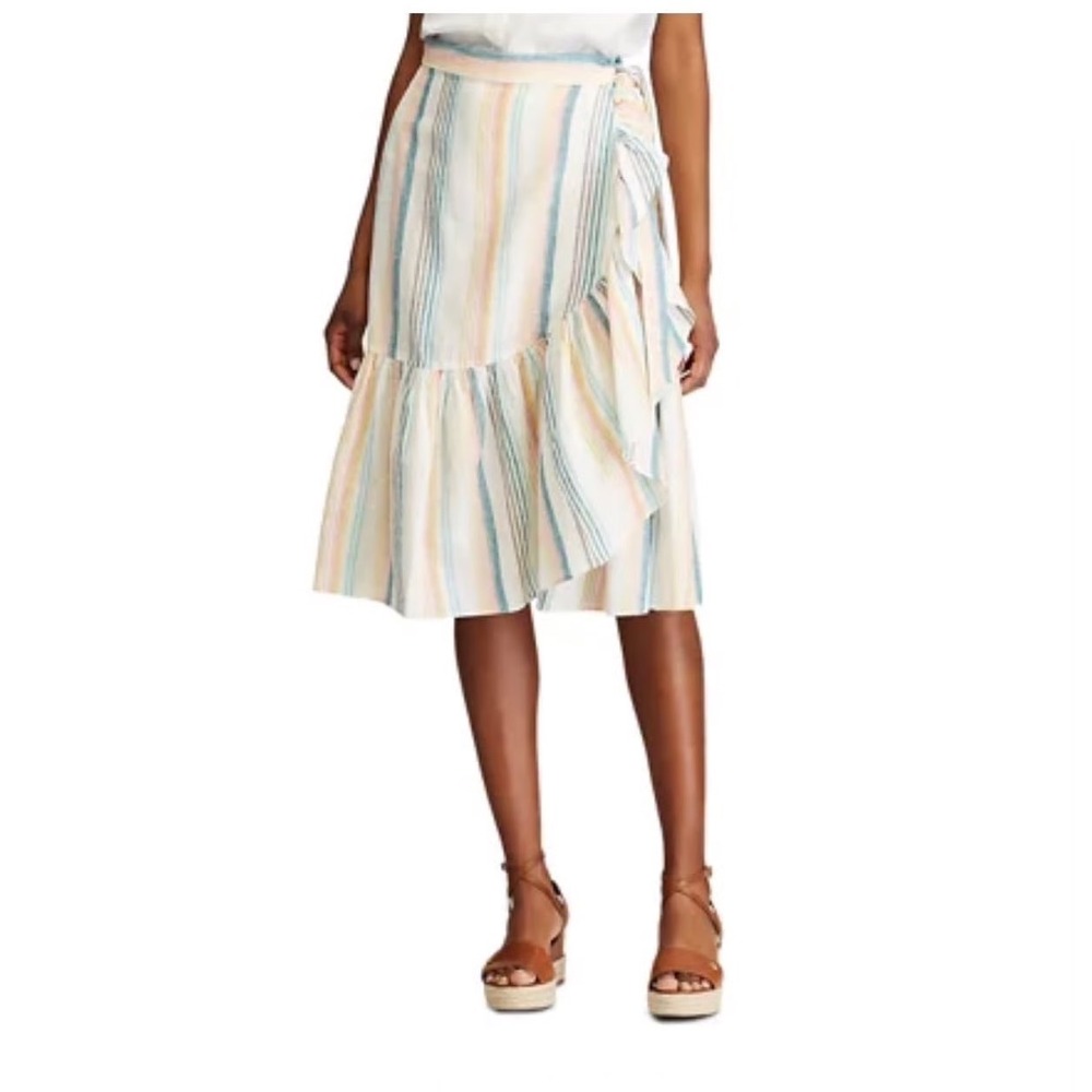 Chaps XXL Multi Color Striped Linen Blend Ruffle Wrap Midi Skirt Pastel Summer